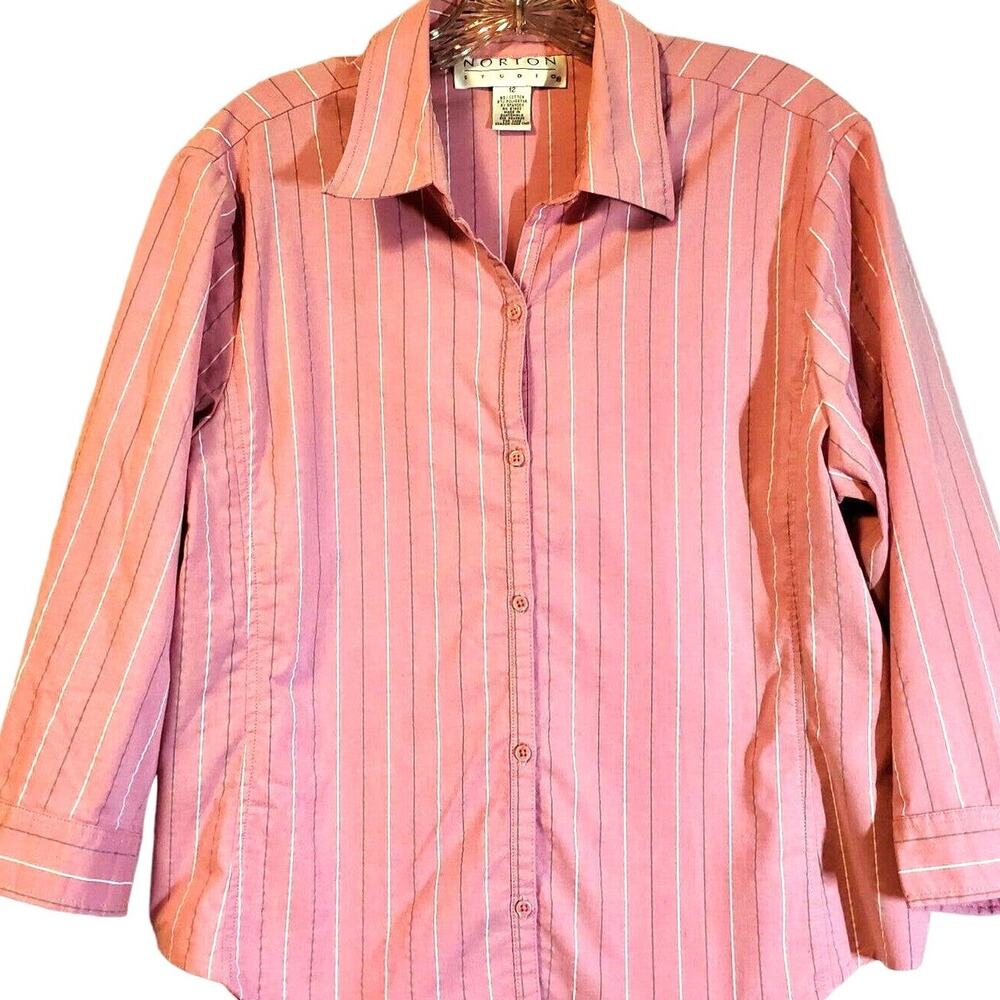 Vintage Norton Studio Top Size 12 Pink Stripe 3/4 Sleeve Stretch Classic Look